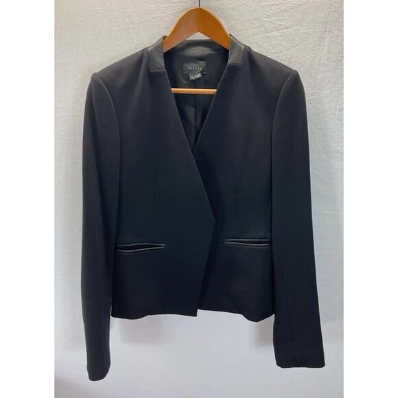 Theory Jackets & Blazers - Theory Women's Black Lanai Classic Open-Front leather trim Blazer Jacket Size 10
